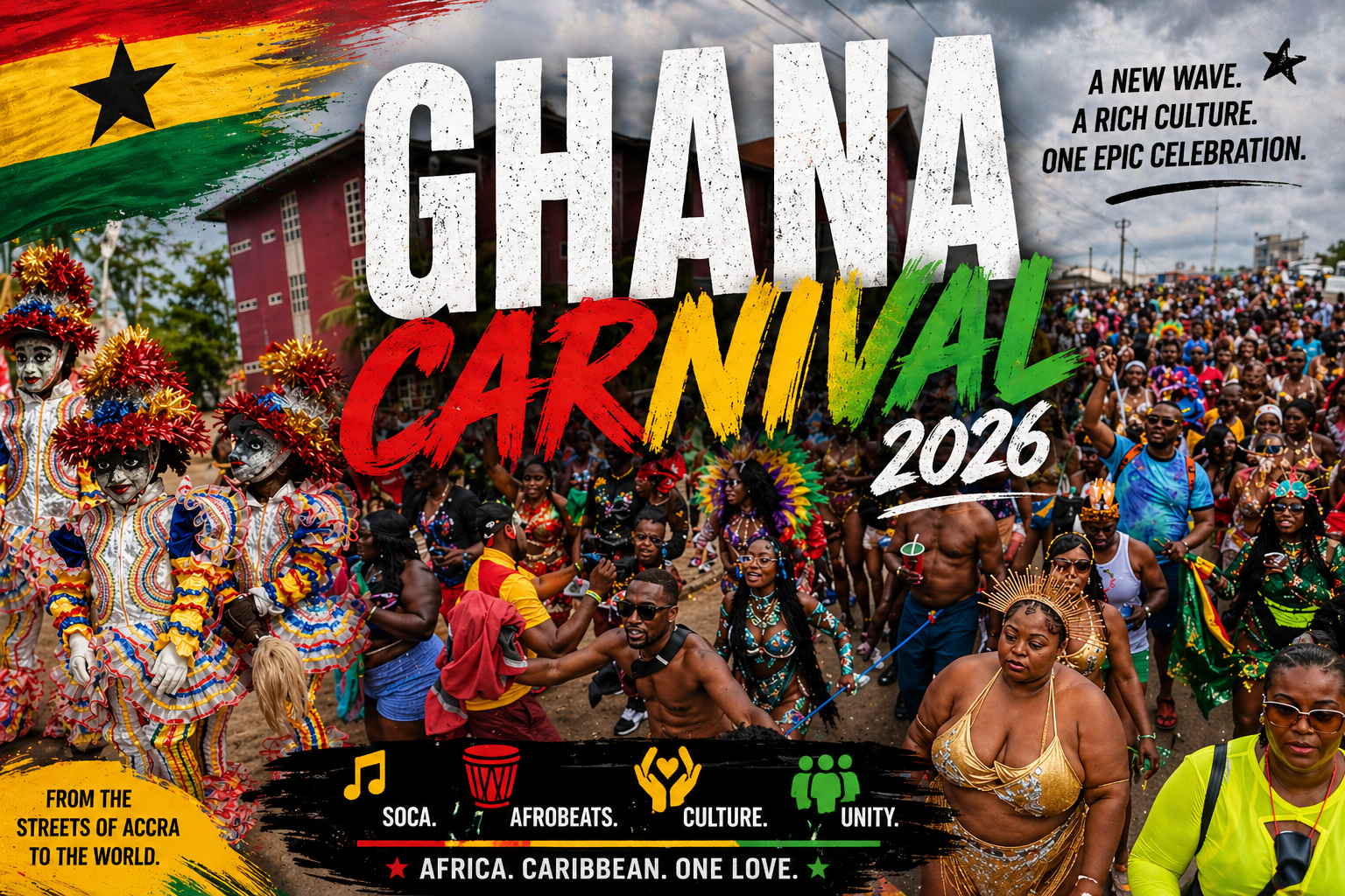 Crowds celebrating during Ghana Carnival 2026 with soca and Afrobeats music