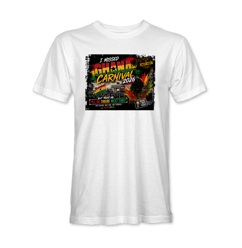 Ghana Carnival 2026 MEN WHITE t-shirt inspired by soca, Afrobeats, and Afro-Caribbean culture