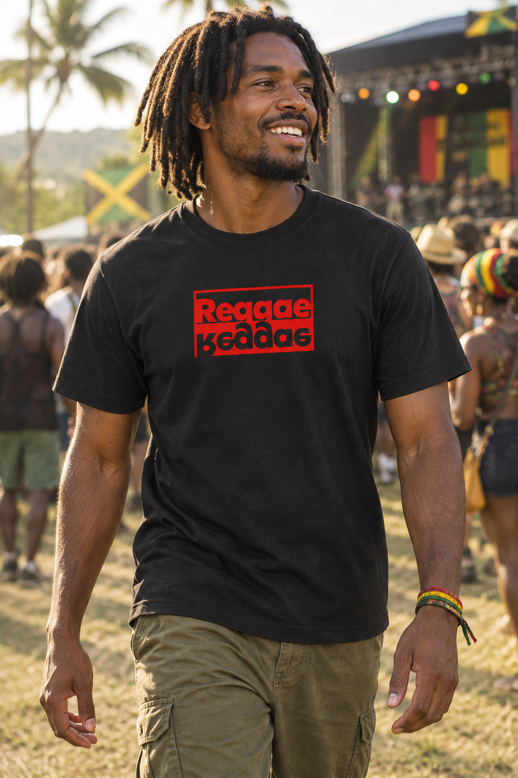 Black male model wearing the black Reggae T-shirt