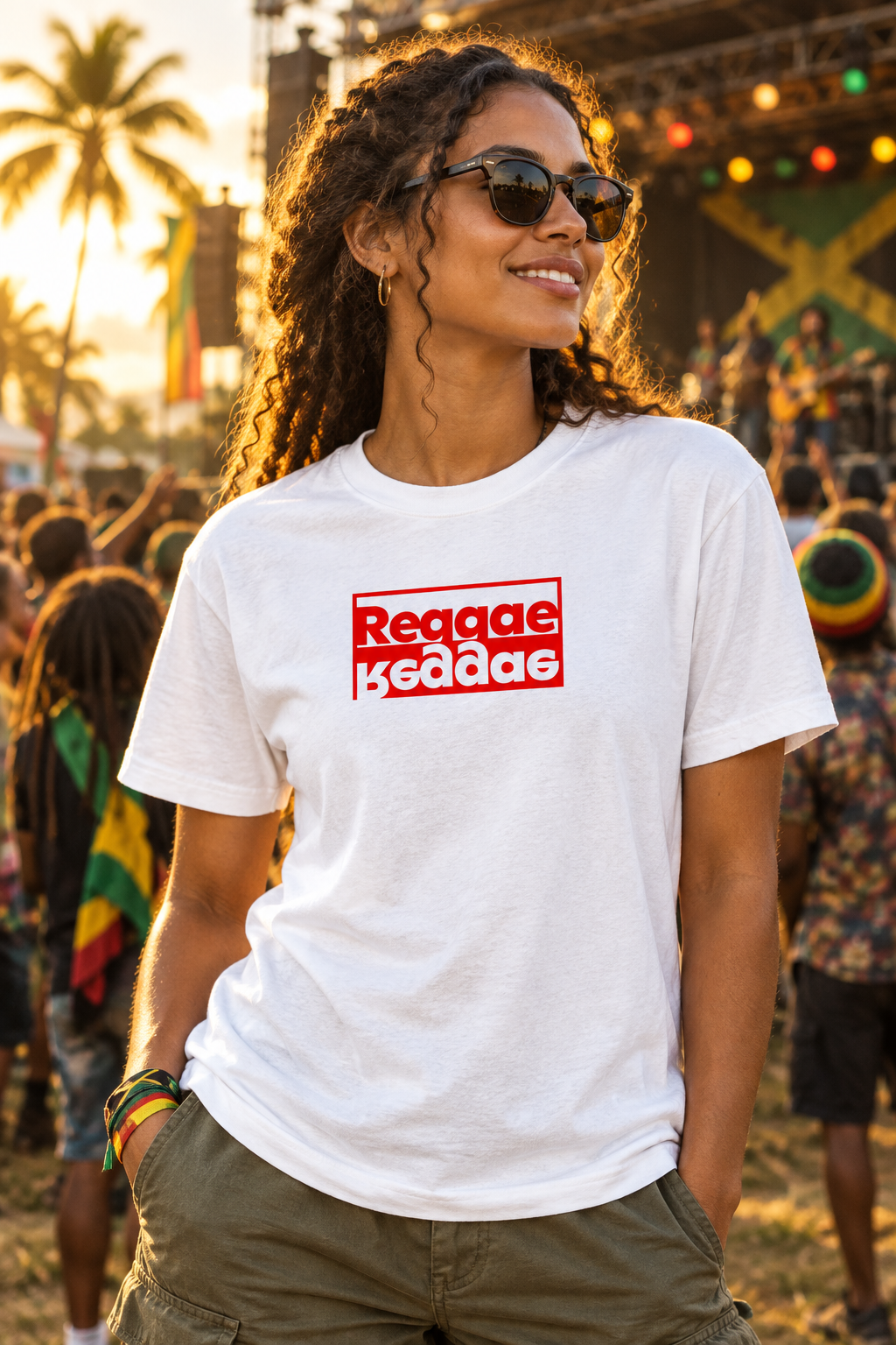 Female model wearing the Reggae T-shirt at a Jamaica music festival