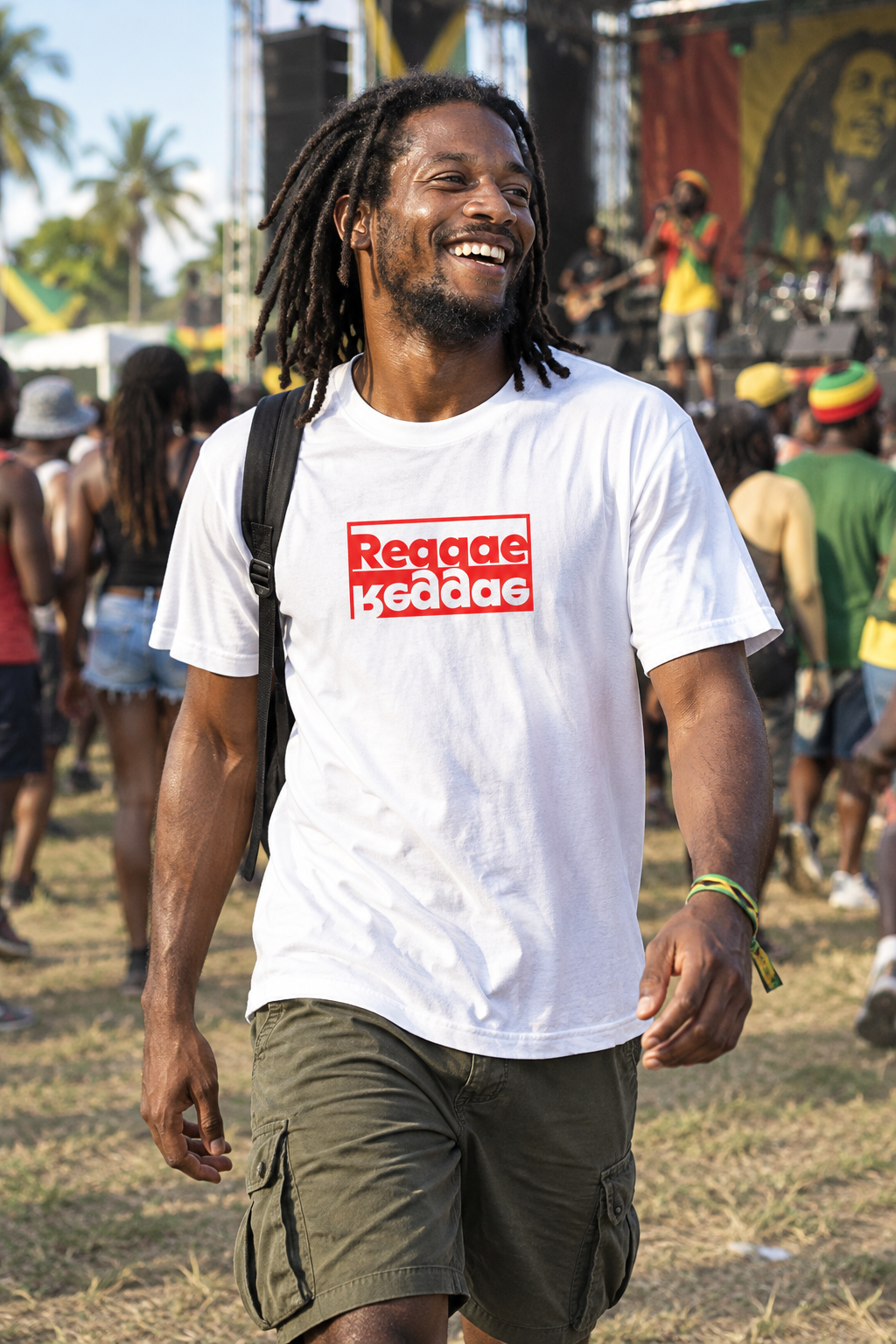 Revised male Reggae T-shirt lifestyle photo at a Jamaica music festival