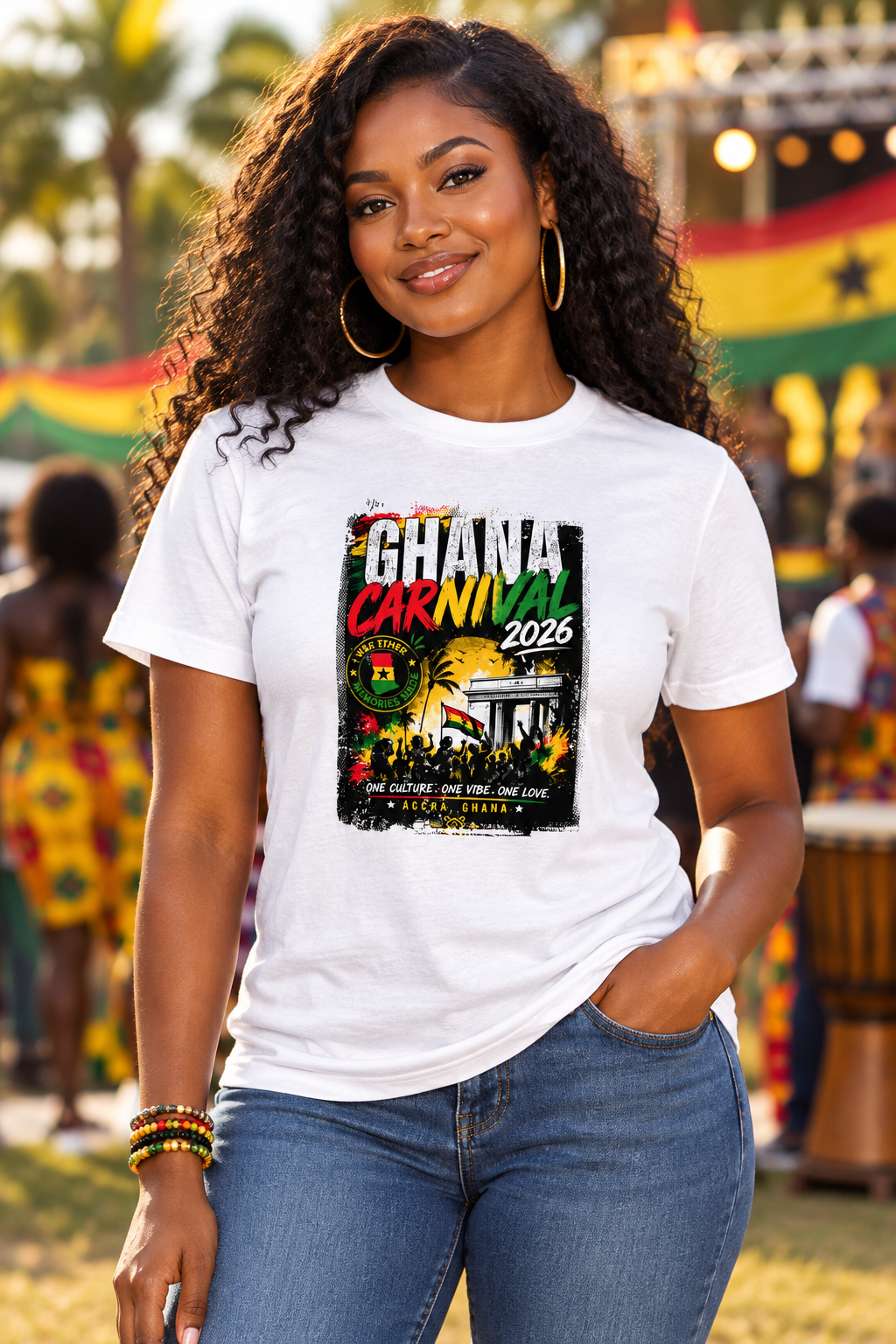 Woman wearing white Ghana Carnival shirt