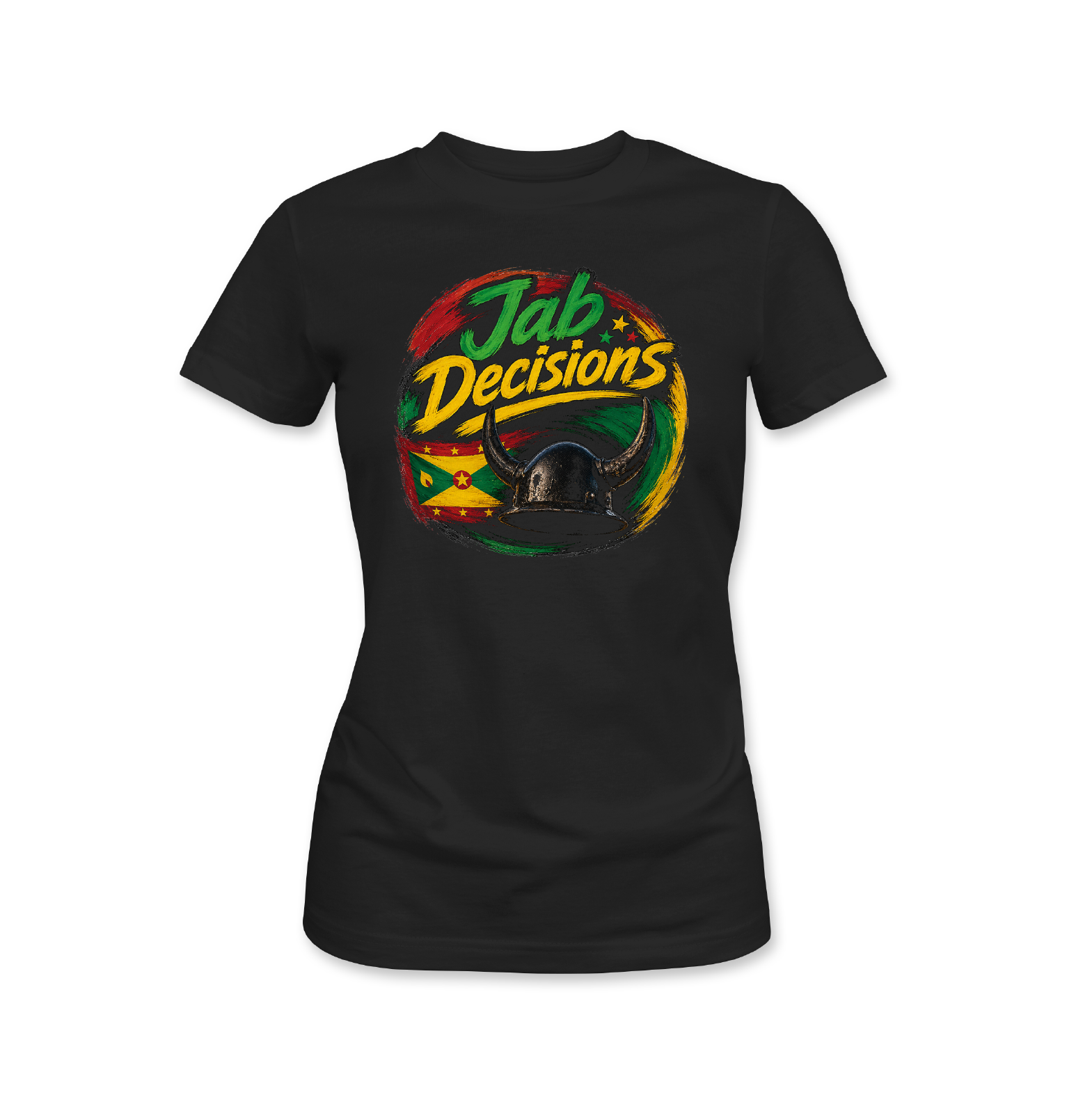 Grenada Jab Jab carnival t-shirt design with traditional horned Jab helmet and Grenadian colors Jab Decisions
EV'ghn, Terra D Governor, Kay Frass