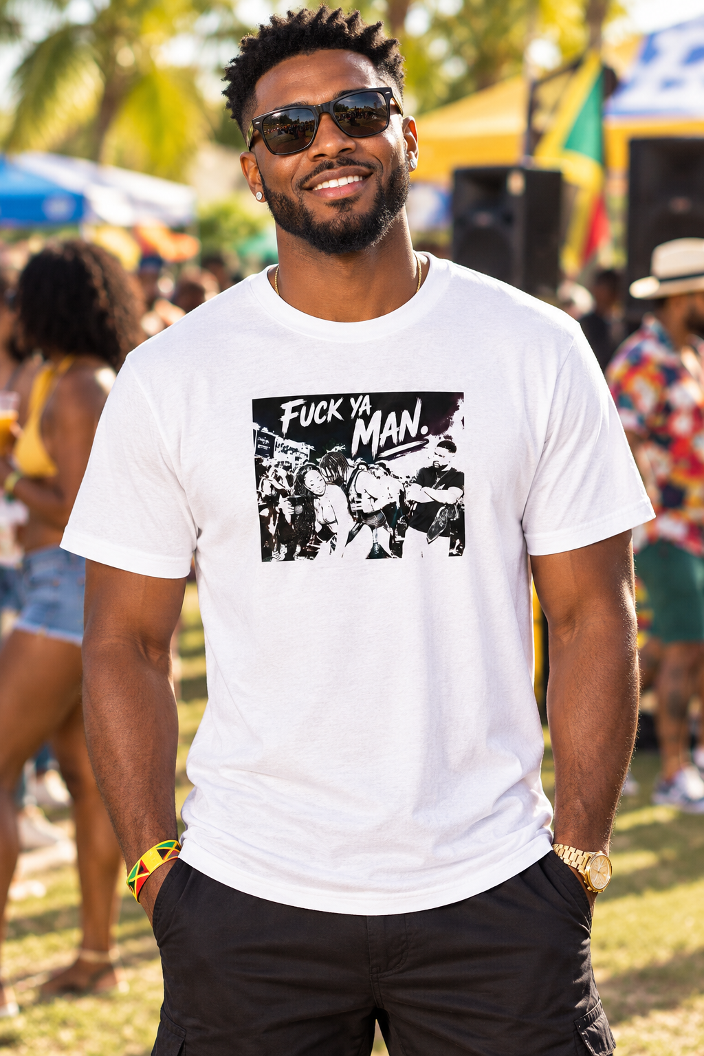 Man wearing white FYM shirt