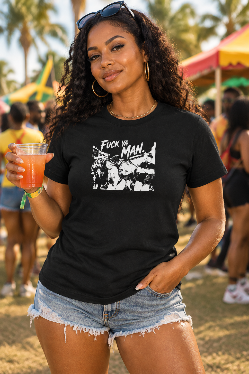 Woman wearing black FYM shirt