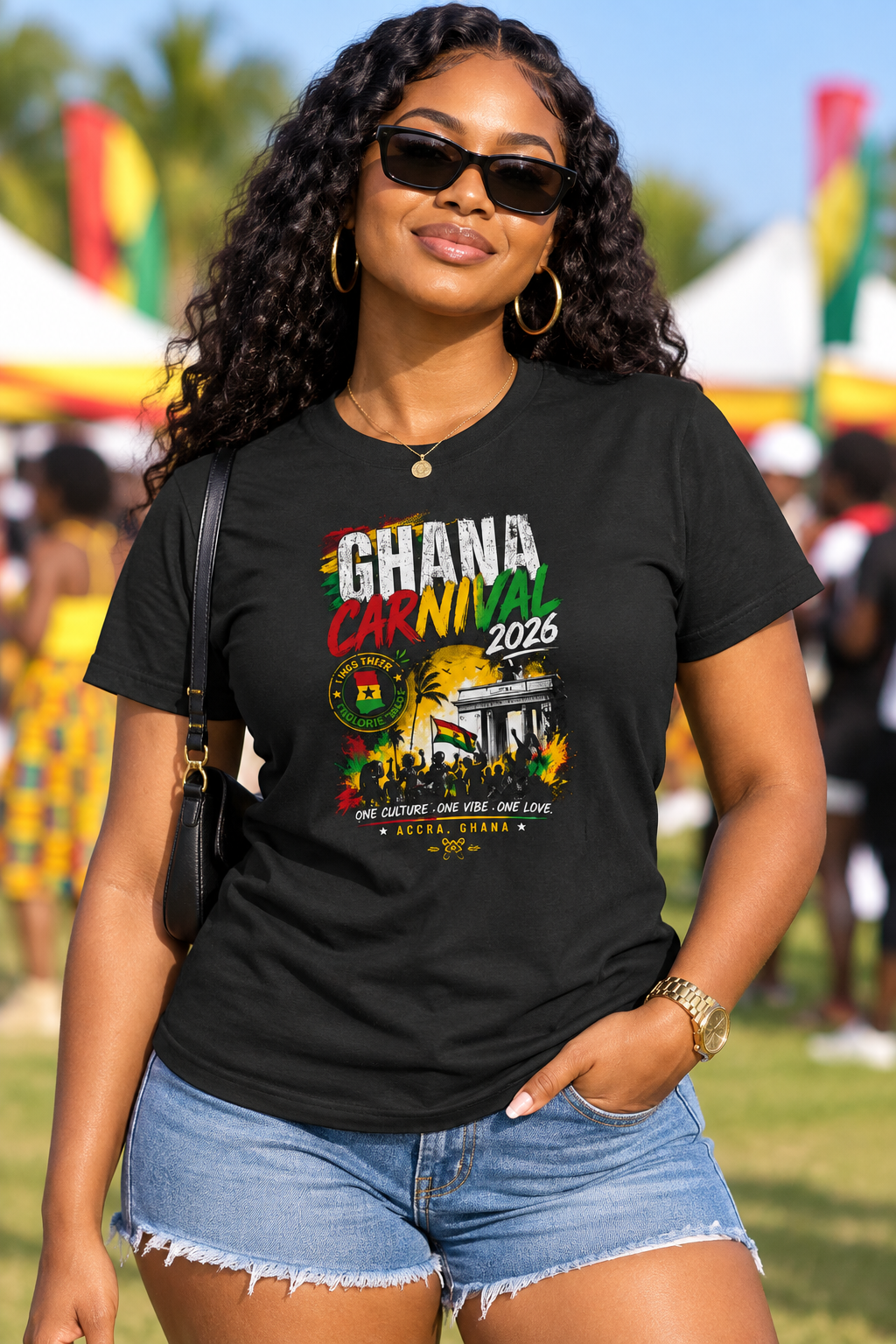Woman wearing black Ghana Carnival shirt